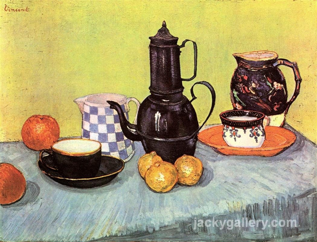 Still Life with Blue Enamel Coffeepot, Earthenware and Fruit, Van Gogh painting - Click Image to Close